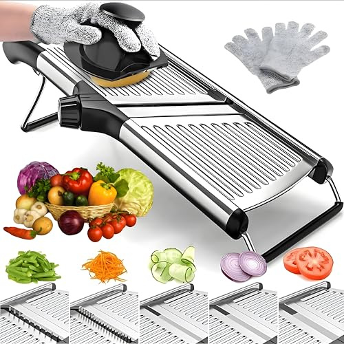 Mandoline Slicer for Kitchen, Adjustable Stainless Steel Mandoline Food Slicer with Julienne Blades, Multifunctional Vegetable Cutter, Potato, Onion, Cucumber, Tomato Slicer with Cut-Resistant Gloves