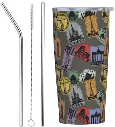 VOSERY Botella de agua de 20 onzas con tapa y popote, vaso aislado de acero inoxidable con patrón de mundos de sello, taza de café de viaje, vaso personalizado