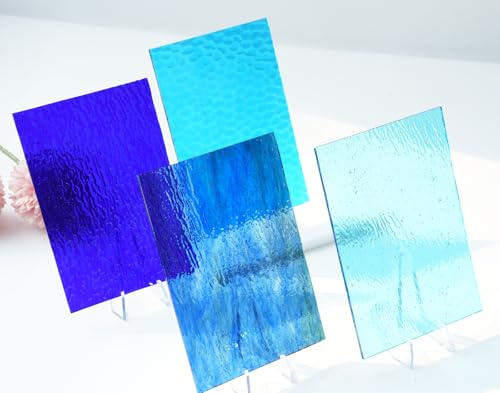 Transparent Blue Stained Glass Sheets for Crafts – 4x6 Inch Colored Textured Cathedral Glass Pack, 4 Sheets – Ideal for DIY Mosaic, Suncatchers, and Mosiac Tiles Art