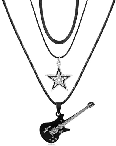 Star Guitar Pick Necklace for Men,Rock and Roll Guitar Layered Necklace, Vintage Punk Guitar Jewelry, Music Themed Accessory for Rock Star Outfits, Adjustable Chain for Concert, Party or Daily Wear