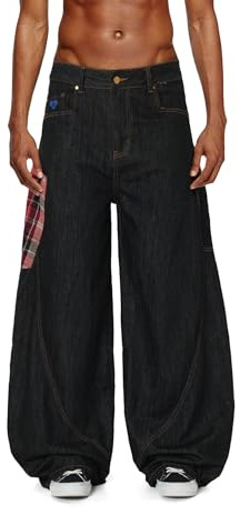 Aelfric Eden Super Baggy jeans herr Barrel denim byxor dam breda ben jeans unisex cargojeans med rutig ficka vintage byxor Y2K, svart, 30