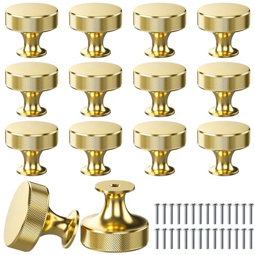 14 Pack Gold Cabinet Knobs 26mm*31mm Kitchen Handles with 28 Screws | Cabinet Knobs Round Knurled Metal Wardrobe Drawer Handles Door Kitchen Hardware Cupboard for Cupboard Dresser