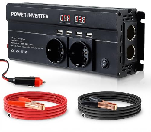 Onduleur 1500 W 12V Convertisseur 220V DC à AC, 2 Prises EU AC, 4 USB, Convertisseur de Puissance Voiture Onduleur Transformateur pour Camion, Camping, Voyage, Voitures