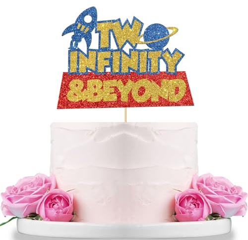 Two Infinity and Beyond Cake Topper Kids 2nd Birthday Cake Decor Cartoon Themed Out Space Two Second Birthday Party Decoration Supplies Blue Red Glitter