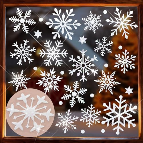 175 Weiß Glitzer Schneeflocken Weihnachtsdeko Fenster Weihnachten Fensterbilder Fensterdeko Wiederverwendbar Fenstersticker Deko Winter für Glas Kinderzimmer Fensterfolie