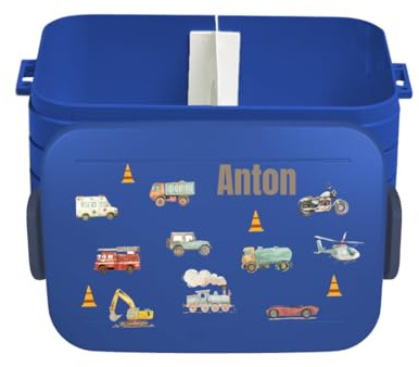 Mepal Lunch Box Take a Break Personalizzato, Contenitore per il pranzo con separatore, Lunch Box con nome, Bento Box Separatore Stampa Colorata Veicoli Midi Blu Scuro