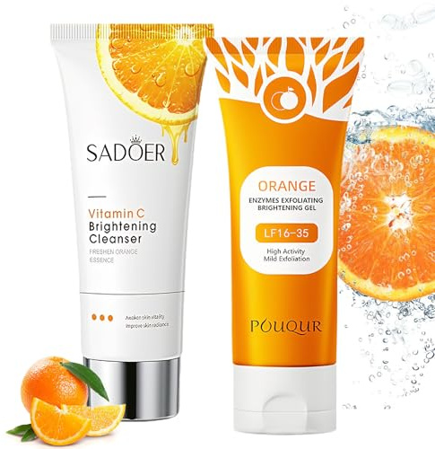 Gel Exfoliant Naturel à l'Orange 100 g + Nettoyant Visage à la Vitamine C 100 g | Exfoliation Douce et Nettoyage en Profondeur | Nettoyant Visage à la Vitamine C pour une Peau Éclatante et Pure