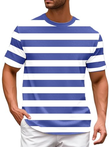 Camisetas Hombre Europeo Bloque de Color Camiseta con Rayas Marino y Patrón Marinero Hombre Casual Holgado Cómodo Moda Verano Playa Cuello Redondo Manga Corta, azul, XL