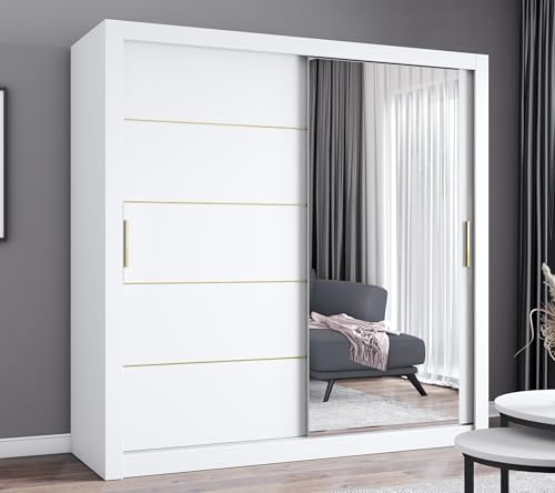 AOF-IBIZA Gold Sliding Mirror Door Wardrobe – Modern Bedroom Closet with Shelves, Hanging Rails & Drawers – 100–250cm – White, Grey, Oak, Black (White, 203cm)