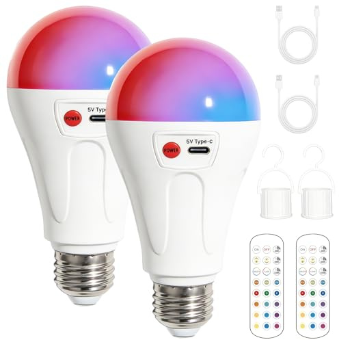 GBKDQQ 2 bombillas LED RGB E27 con mando a distancia, recargables de 7 W, con batería de 2000 mAh, USB-C, temporizador y ganchos para exteriores, camping, lámparas de pared y mesa, multicolor