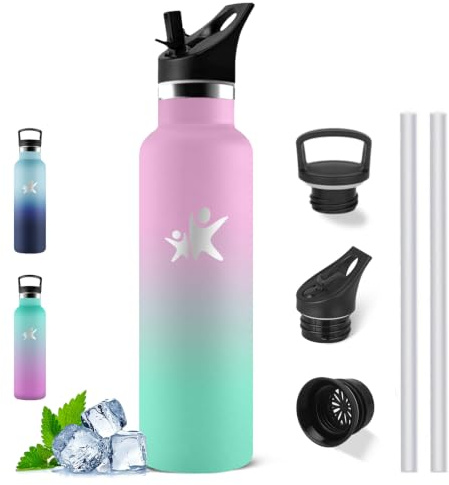 Mujigaga Botella Agua Acero Inoxidable, Botella Termica 1 litro, sin BPA, Botellas con Pajita, A Prueba de Fugas, Acero Inoxidable 18/8, Cantimplora para la Deportes, Senderismo, Triatlón y Escalada
