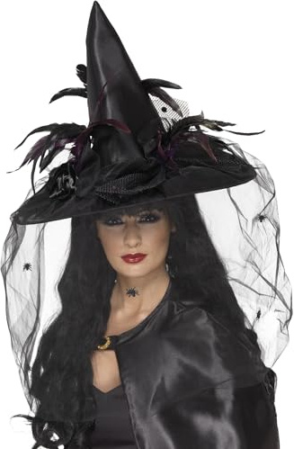 Smiffys Hut Hexe, Schwarz, mit Federn und Netz, Deluxe Halloween