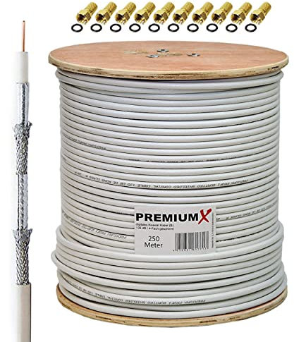 Premium X 250m BASIC Koaxialkabel 135dB 4-fach SAT Antennenkabel Koax-Kabel DVB-S / S2 DVB-C DVB-T BK Anlagen 10x F-Stecker
