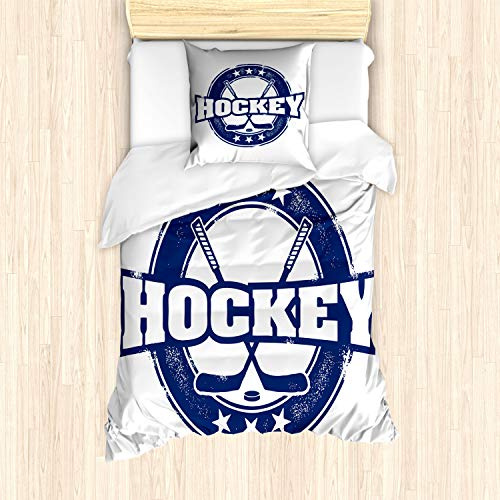 ABAKUHAUS Eishockey Bettbezug Set für Einzelbetten, Vintage Sticks Sterne, Milbensicher Allergiker geeignet mit Kissenbezug,Marine-Blau-Weiß