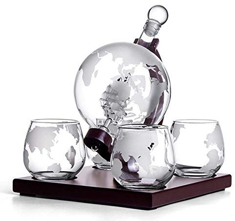 Piaoliangxue Etched Globe Whiskey Decanter Set - Vodka Globe Carafe - 1000ml Crafted Glass Sailing Ship globe decanter - Best Gifts for Father & Husband
