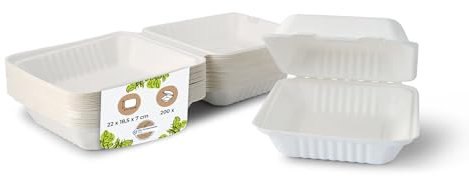 BIOZOYG caja de hamburguesa de caña de azúcar con tapa abatible I 200 piezas aperitivos compostable de bagazo-biodegradable I caja de menú cuadrada I caja para llevar 22x18,5x7 cm 200 piezas