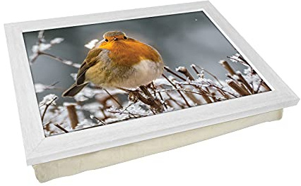 Portable Lap Desk Tray (Robin on an Icey branch) Handmade Wooden Frame, Beanbag Cushioned Bottom | Computers, Laptops, Meals, Food | L854 White Frame with Cream Cushion