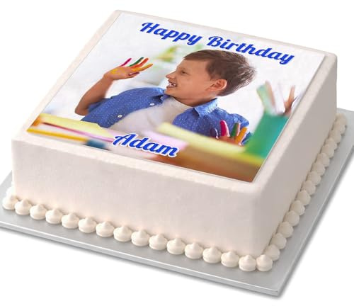 Personalised Photo Cake Topper - Square Edible Premium Icing Sheet, Upload Your Image & Message, Custom Birthday Cake Decoration, Any Size 4-7.5 Inch - Blue Text