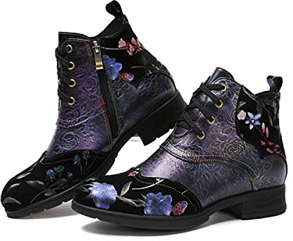 CrazycatZ Bottines de marche en cuir pour femme Motif floral vintage, Motif floral violet., 39 EU