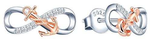 INFINIONLY Ohrringe für Damen und Mädchen, 925 Sterling silber Ohrringe, Silber Unendlichkeitssymbol Ohrstecker mit rose gold Anker, Eingelegt Zirkon, Farbgalvanischer Prozess, Stilvoll und elegant