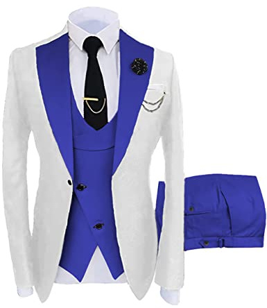 Wangyue Herrdräkter modedräkter smal passform 3 delar blazer väst byxor bröllop bal kostym set, Vit-kungsblå, L
