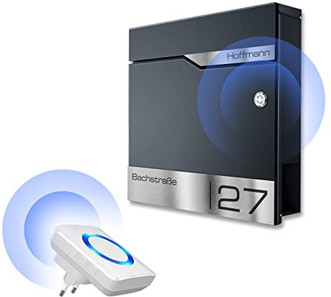 Metzler individueller Briefkasten mit Funkklingel und Steckdosen-Funk-Empfänger inklusive Gravur in Anthrazit RAL 7016, mit Zeitungsfach personalisiert mit Edelstahl V2A Namensschild | Siebert