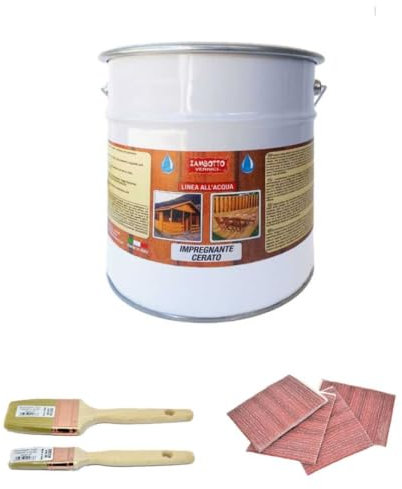 ZAMBOTTO VERNICI KIT carta e pennelli + Impregnante cerato all'acqua per legno interni ed esterni in varie colorazioni FORMATO 5 LITRI (207 - Teck)