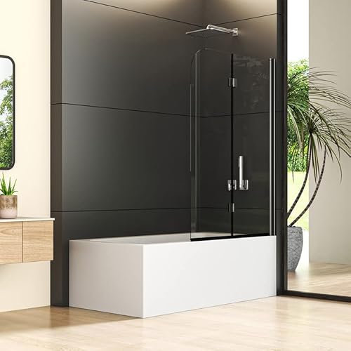 Duschwand für Badewanne 100x140cm 2-teilig Faltbar Glas Duschabtrennung, Schwarz Badewannenaufsatz Duschtrennwand, Badewannen Klappbar Badewannenwand Faltwand mit 5mm EGS Nano Sicherheitsglas