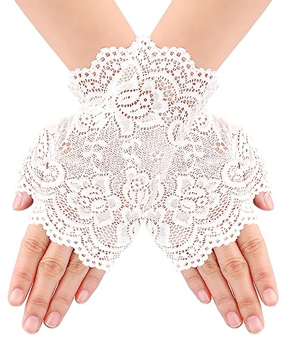 Yolev Fingerless Lace Gloves for Women White Lace Gloves Tea Party Bridal Glove for Halloween Party Evening Dinner