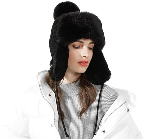 TAGVO Beanie Mütze Fellmütze Damen Winter, Winddicht Fliegermütze Damen Bomber Hut Beanie Mütze mit Weichem Fleece Innenfutter, Warme Erwachsenen Wintermütze mit Ohrenklappen für Damen