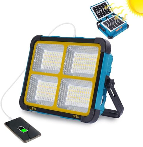 Faro LED Ricaricabile 150W,Fosingut Faretto LED Esterno con Doppio Pannello Solare Portatile,11000mAh Batteria Lampada Emergenza Proiettore Luce da Lavoro,Campeggio,Cantiere,Pesca,Riparazione Auto