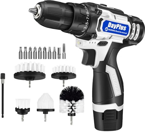 Electric Cordless Drill and Scrub Brushes Kit 25+1 High Torque 35N.m, Drill Bits and Brushes for Cleaning Floor Car Shower Tile Sink with 1 Battery