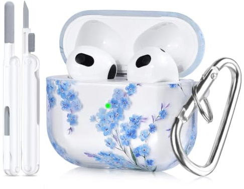 VISOOM Kompatibel mit Airpods 3 Hülle, TPU Blau Blumen Airpods 3 Case Weiches Stoßfest Niedlich Transparent Schutzhülle mit Karabiner Reinigungsset, Unterstützung drahtloses Aufladen(Blue Flower)