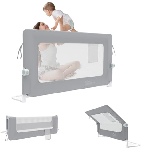 UISEBRT Barrera de cama de 150 cm, plegable, protección contra caídas, altura ajustable para cuna, rejilla transpirable para cuna con bolsa de almacenamiento, gris