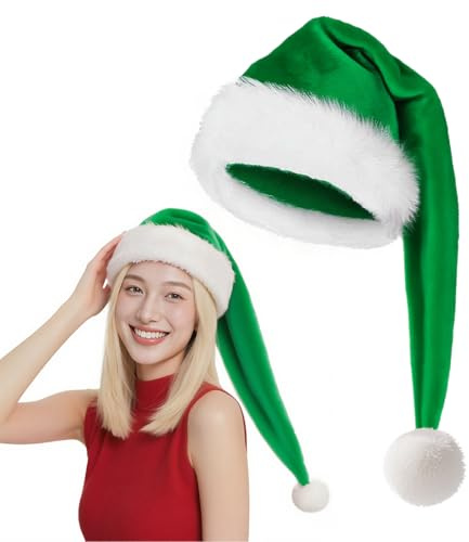 Epokus Lang Weihnachtsmütze Grün,Erwachsene Nikolausmütze,Plüsch Weihnachtsmann Mütze mit Dicker Fellrand,Santa Clause Mütze für Herren/Damen für Weihnachtsfeier
