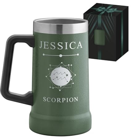 Maverton Mug Isotherme Personnalisable Vert 700 ml - Verre a Biere en Acier Inoxydable avec Anse - Idee Cadeau Femme, Cadeau Personnalisé pour elle avec prénom et texte gravé Signe du zodiaque