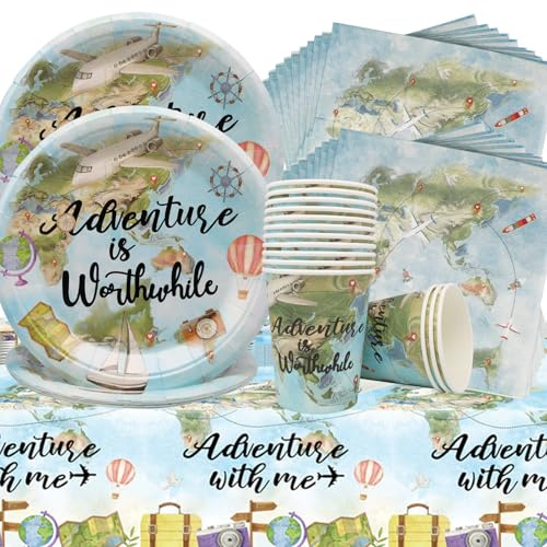 Doyomtoy Decorazioni per Feste in Viaggio,53Pcs Stoviglie per Feste Include il Viaggio Piatti Tazze Tovaglie e Tovaglioli Set di Decorazioni per Feste Tema Viaggio per Festa di Compleanno dei Bambini