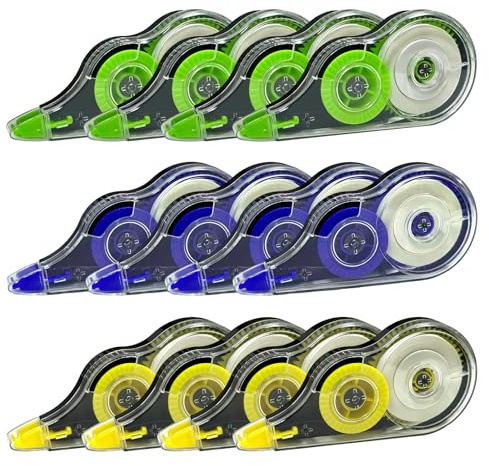 XIAQICA 12 Pezzi Bianchetto a Nastro 12M x 5mm Correttore a Nastro con Cappuccio Protettivo Scolorina Nastro Cancellina Nastro per Studenti e Ufficio (Verde, Blu, Giallo)