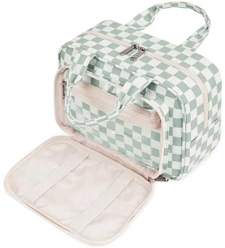 Narwey Kulturtasche Damen Gross & Kosmetiktasche Groß, Make up Tasche für Herren & Volle Größe Kulturbeutel für Kinder (mntgrünes Schachbrett)