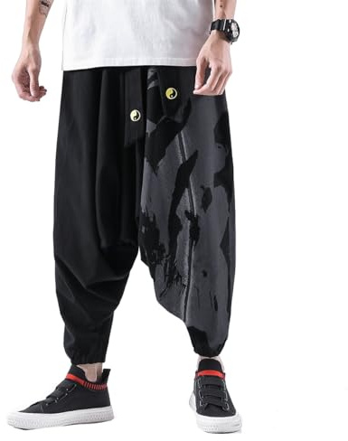 Seidarise Pantaloni da uomo Harem hip hop joggers larghi a gamba larga pantaloni casual Harem lino giapponese yoga, A1-nero., XX-Large