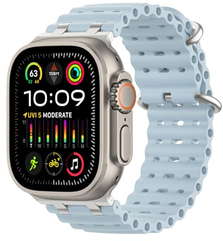 MoKo Correa Ocean Compatible con Apple Watch 42/44/45/46/49mm | Para iWatch Ultra 3/2/1,S11/10/9/8/7/6/5/4,SE 3/2/1, Correa Deportiva de Silicona, Conector Metálico