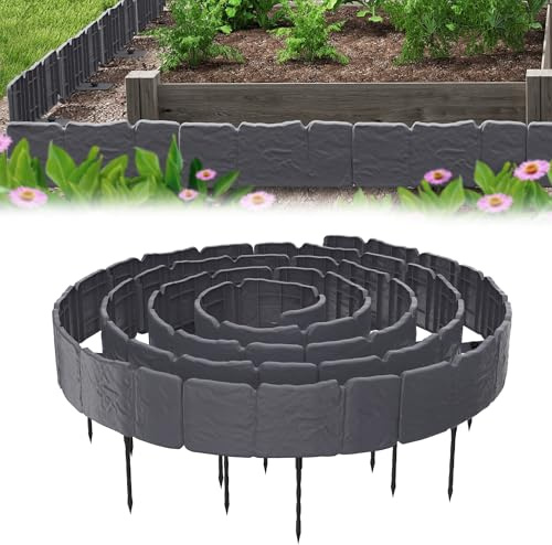 YRhome Rasenkante 5m, Steinoptik Kunststoff Rasenbegrenzung, Flexible & Stabile Beeteinfassung Beetumrandung Mähkante Palisade, Einfach Einschlagen Garten Zaun Dekorativ Anthrazit