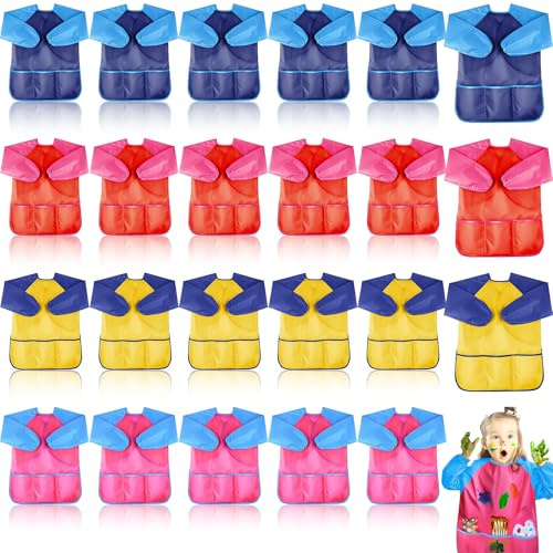 OGMBI 24 Pack Kids Art Smocks Bulk, Waterproof Children Painting Apron with Long Sleeve & 3 Roomy Pockets, Toddler Artist Aprons for 3-8 Years Boys & Girls Cooking Eating Baking Crafts, 4 Colors