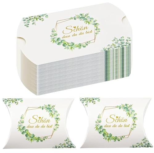 Xunerloy 50 Stück Schön Dass Du Da Bist Eukalyptus Gastgeschenke Box Hochzeit Geschenkboxen Kissenschachtel für Süßigkeiten Schokolade Kekse Gastgeschenk zur Kommunion Konfirmation Taufe Jugendweihe