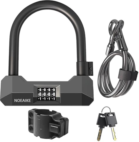 NOEAIKE U Bike Lock 4-Digit Resettable Combination – Heavy-Duty Anti Theft with 4FT Security Steel Cable-2 Keys and Bracket,Oversized Bicycle Locks Perfect for Mountain & Road Bike,Scooter and Ebike