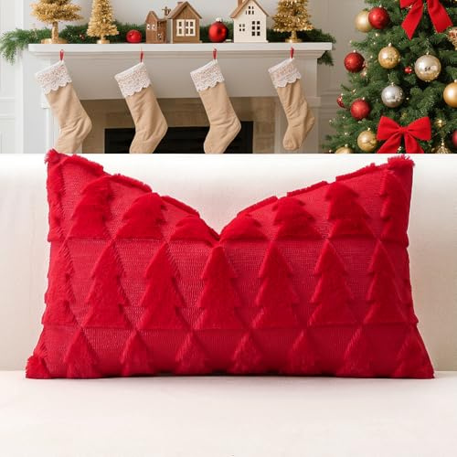 Artscope 1er Set Wolle Kissenbezüge Weicher Plüsch Kurzer Wollsamt Dekokissenbezuge Sofakissen Weihnachten Kissenhülle für Sofa Schlafzimmer Weihnachtsbaum Rot, 40x60cm