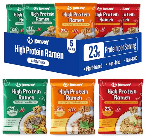 KONJOY Protein Ramen Variety Pack, 5-Pack High Protein Ramen Noodles(23g) with Savory Crayfish Chili, Sichuan Mala, Hot Spicy Chicken Sauces – Plant-Based, Non-Fried, Low Fat, Vegan Healthy Meal