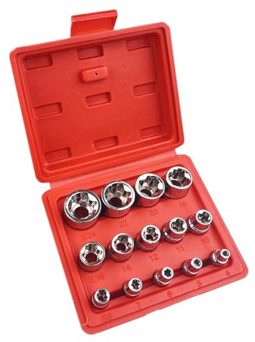 Crynvor Douille Torx Femelle 1/4 3/8 1/2, 14 Pièces Coffret Jeux de Douilles, Jeu de Douille E Torx E4, E5, E6, E7, E8, E10, E11, E12, E14, E16, E18, E20, E22, E24