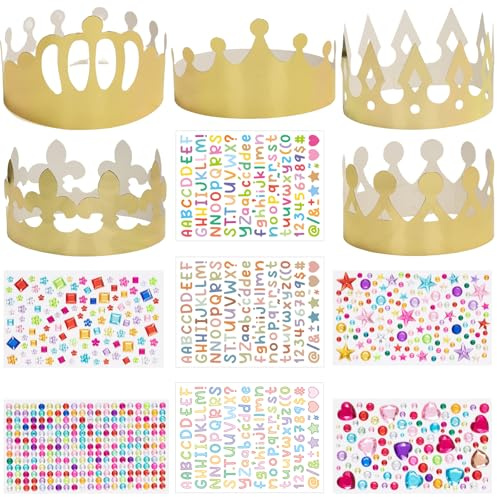 Ruispeed 15 Stück Goldene Papierkronen – DIY Geburtstagskrone für König & Prinzessin mit Strass-Steinchen, Buchstaben- und Zahlen-Aufklebern, für Party, Schule & Basteln