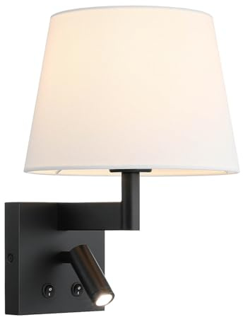 XiNBEi Lighting Linen Wall Lights with LED Reading Light & On/Off Switch | Modern Wall Lights Indoor, White Fabric Shade, Matte Black Finish, E27, Easy Installation, Sconce Lamps for Bedroom Hotel